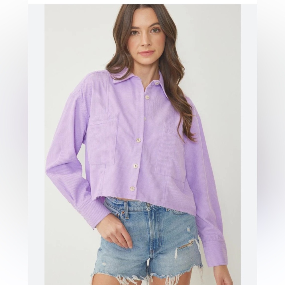 Entro Purple Boxy Crop Button Down Shirt